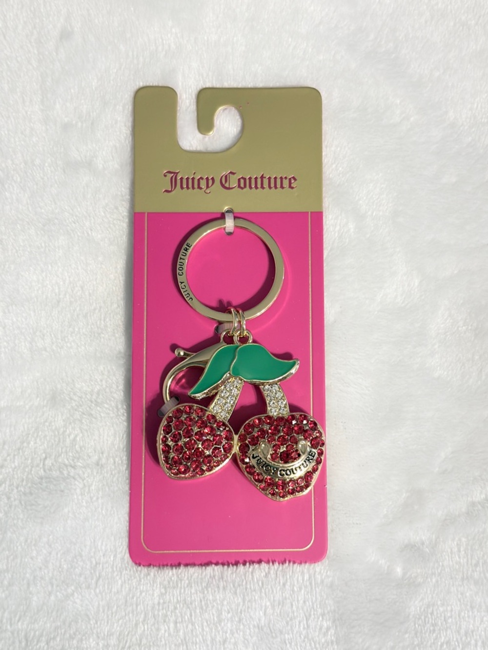 Juicy Couture Red Crystal Cherry Keyring with Green Enamel Leaves